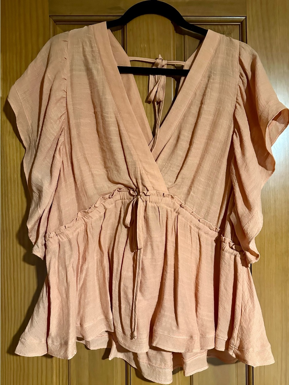 Kori Peach Tie-Back V-Neck Peplum Top